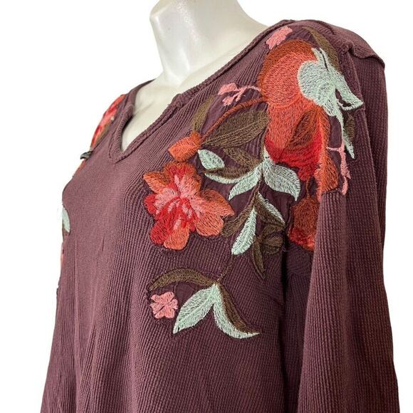 Soft Surroundings Womens Waffle Knit Embroidered Floral V-Neck Long Sleeve Top S - Picture 10 of 16